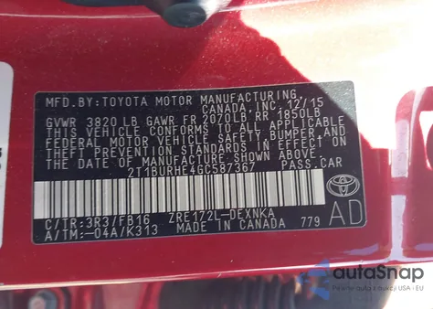 2016 Toyota Corolla Le from USA, damaged, VIN 2T1BURHE4GC587367